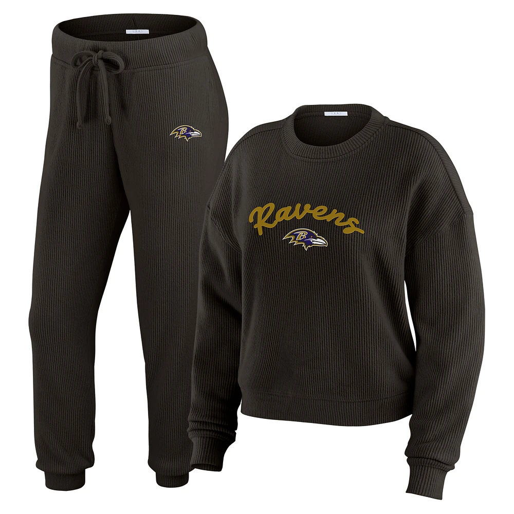Women's WEAR by Erin Andrews Cream Baltimore Ravens Knitted Tri-Blend Long Sleeve T-Shirt & Pants Lounge Set