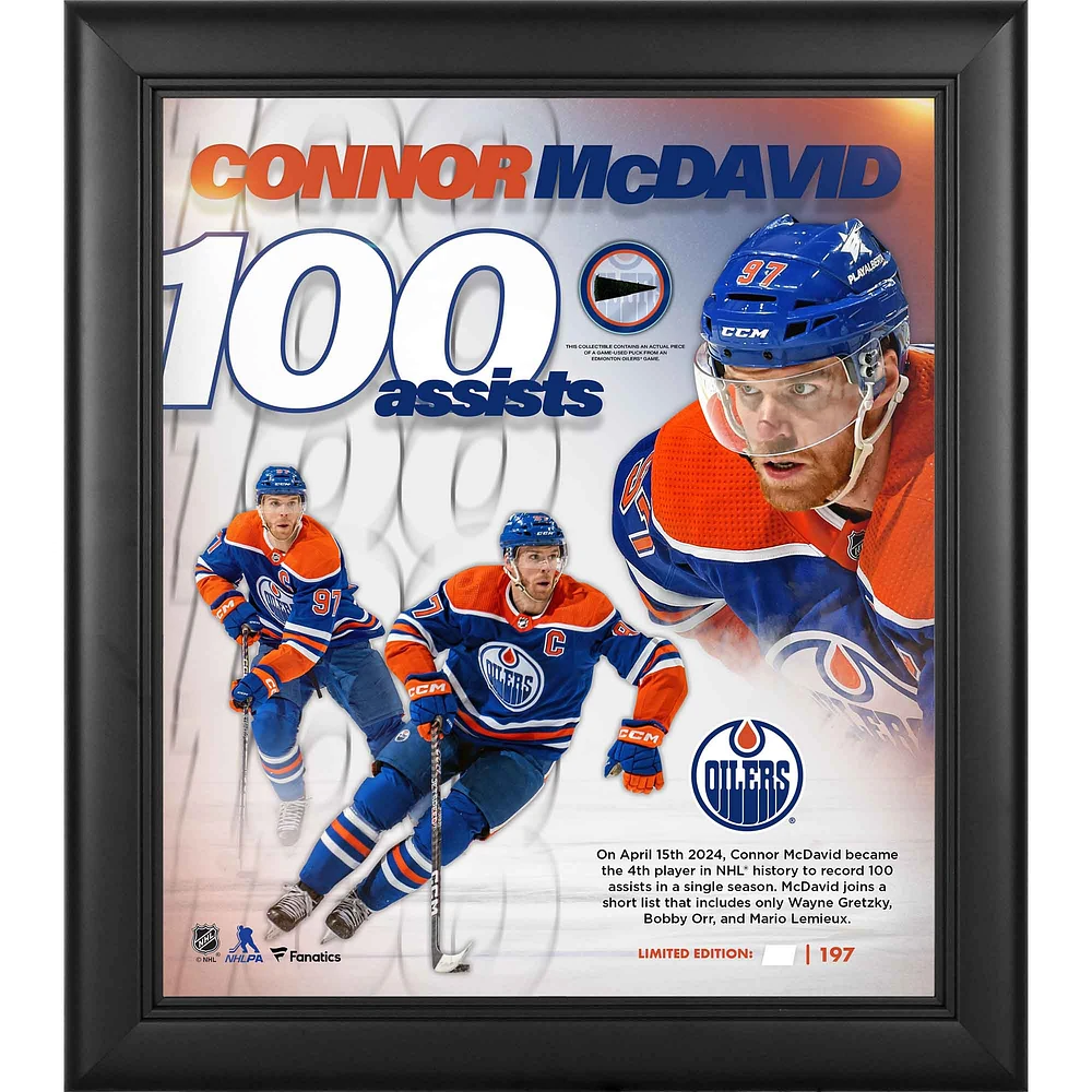 Connor McDavid Edmonton Oilers 100 Assists in a Single Season Framed 15" x 17" Collage with a Piece of Game-Used Puck - Limited Edition of 197