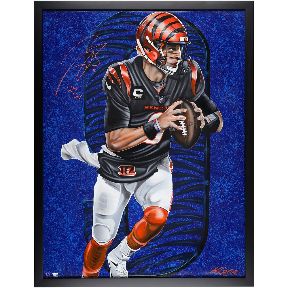 Joe Burrow Cincinnati Bengals Autographed Framed 36" x 47" Original Canvas Artwork with "Who Dey" Inscription - Art by Bill Lopa - Limited Edition #1/1