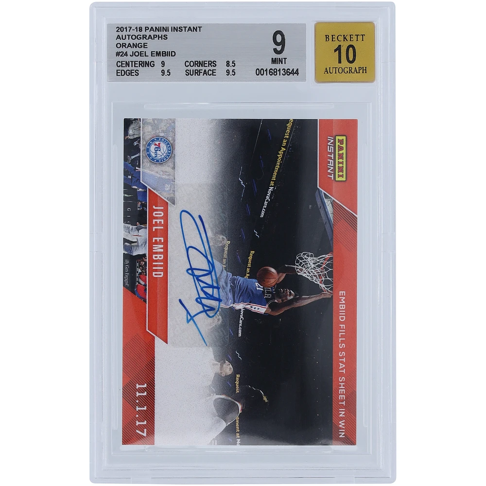 Joel Embiid Philadelphia 76ers Autographed 2017-18 Panini Instant Fills Stat Sheet #24 #5/5 BGS Authenticated 9/10 Card - 9,8.5,9.5,9.5 Subgrades