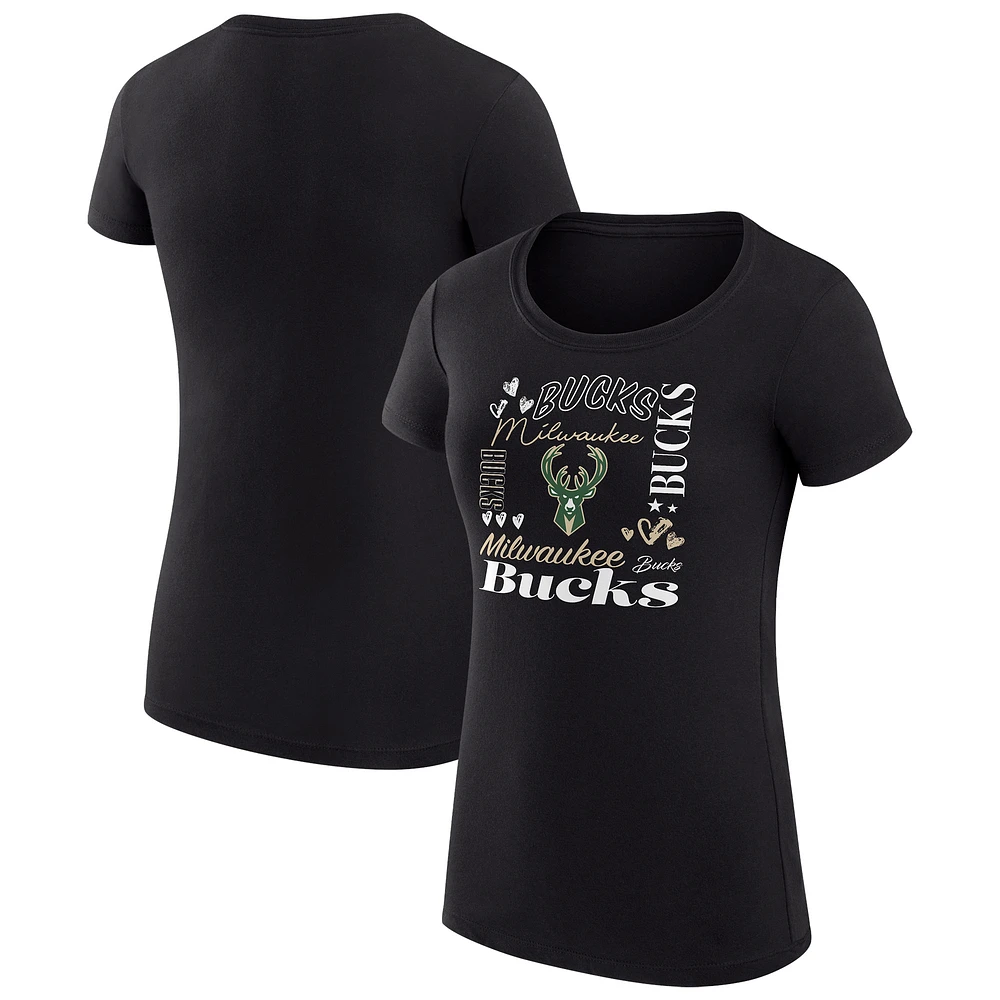 Women's G-III 4Her by Carl Banks Black Milwaukee Bucks Super-Slim Fit Lightweight Team Name Collage Graphic T-Shirt