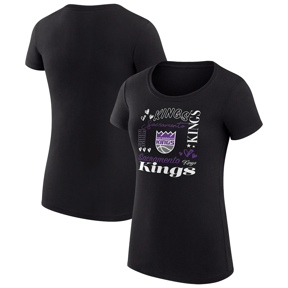 Women's G-III 4Her by Carl Banks Black Sacramento Kings Super-Slim Fit Lightweight Team Name Collage Graphic T-Shirt
