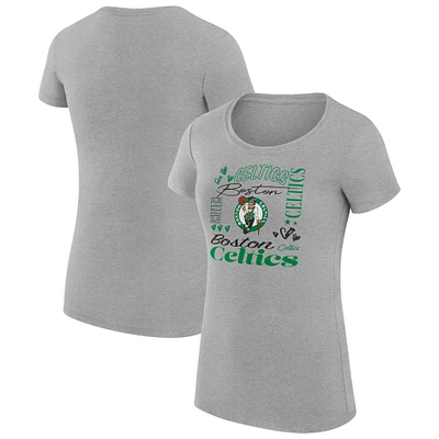 Women's G-III 4Her by Carl Banks Heather Gray Boston Celtics Super-Slim Fit Lightweight Team Name Collage Graphic T-Shirt