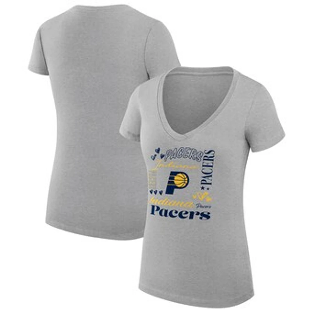 Women's G-III 4Her by Carl Banks Heather Gray Indiana Pacers Super-Slim Fit Lightweight Team Name Collage Graphic V-Neck T-Shirt