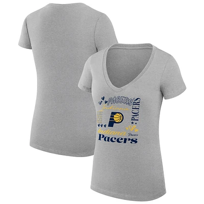 Women's G-III 4Her by Carl Banks Heather Gray Indiana Pacers Super-Slim Fit Lightweight Team Name Collage Graphic V-Neck T-Shirt