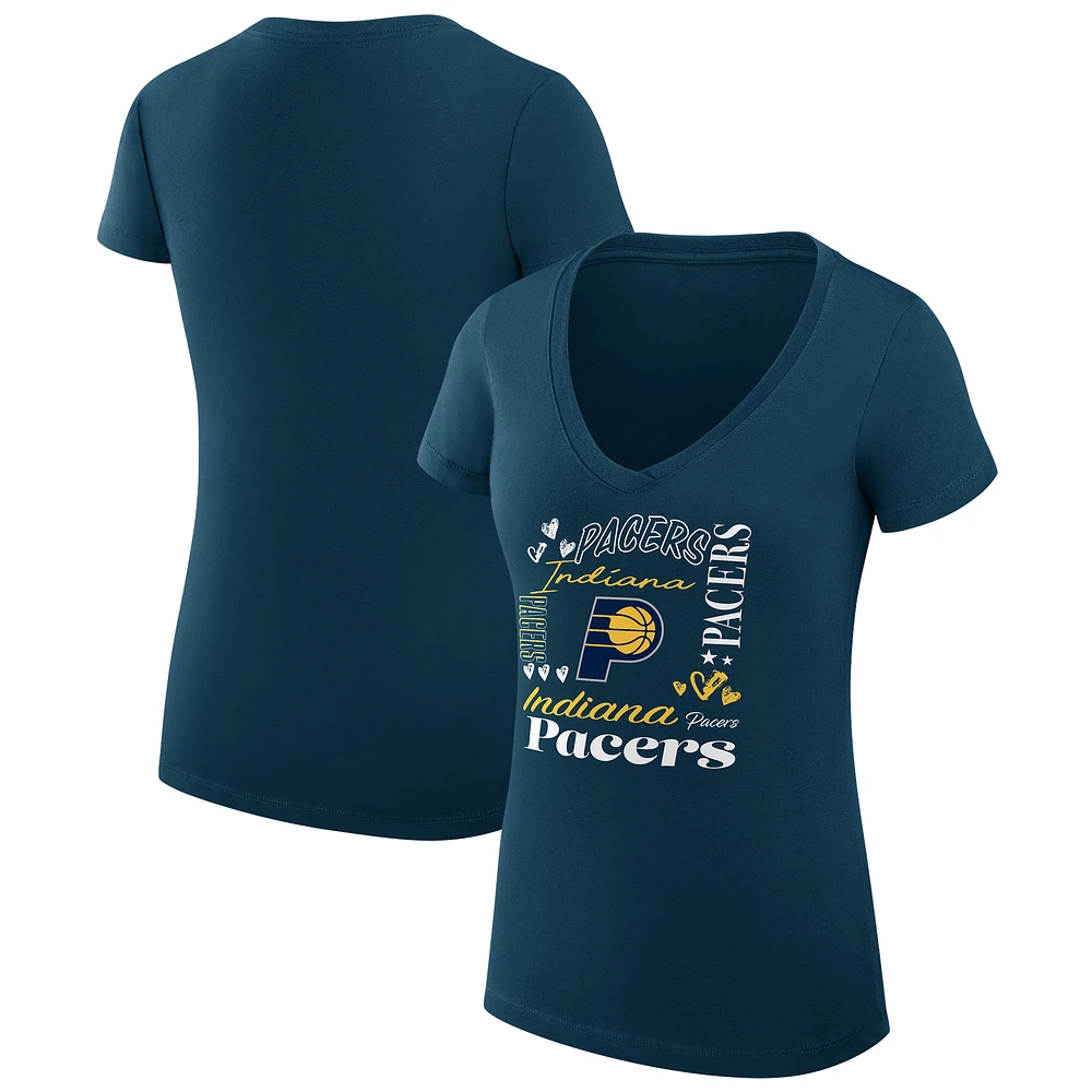 Women's G-III 4Her by Carl Banks Navy Indiana Pacers Super-Slim Fit Lightweight Team Name Collage Graphic V-Neck T-Shirt