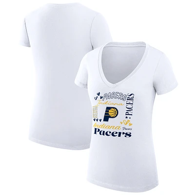 Women's G-III 4Her by Carl Banks White Indiana Pacers Super-Slim Fit Lightweight Team Name Collage Graphic V-Neck T-Shirt