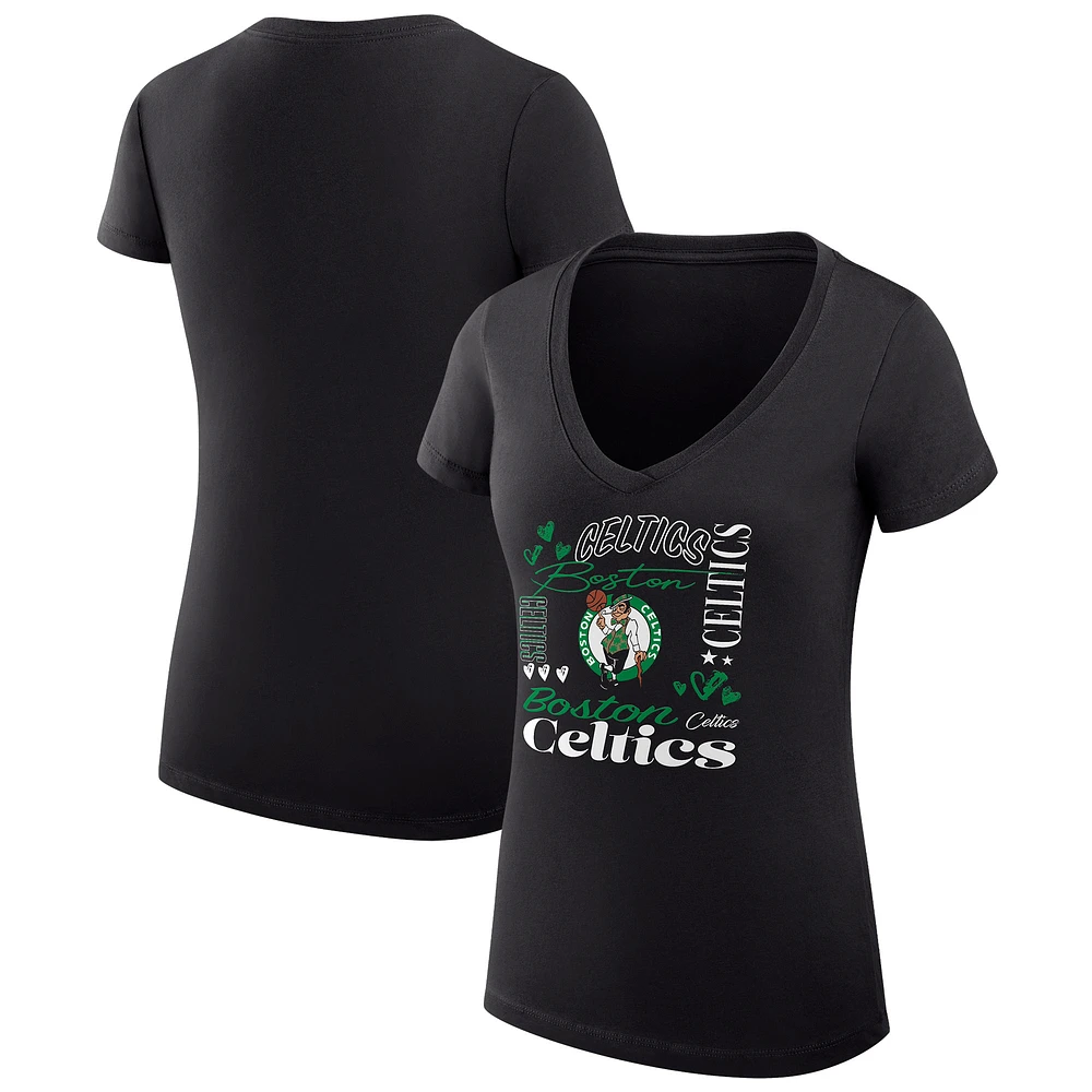 Women's G-III 4Her by Carl Banks Boston Celtics Super-Slim Fit Lightweight Team Name Collage Graphic V-Neck T-Shirt