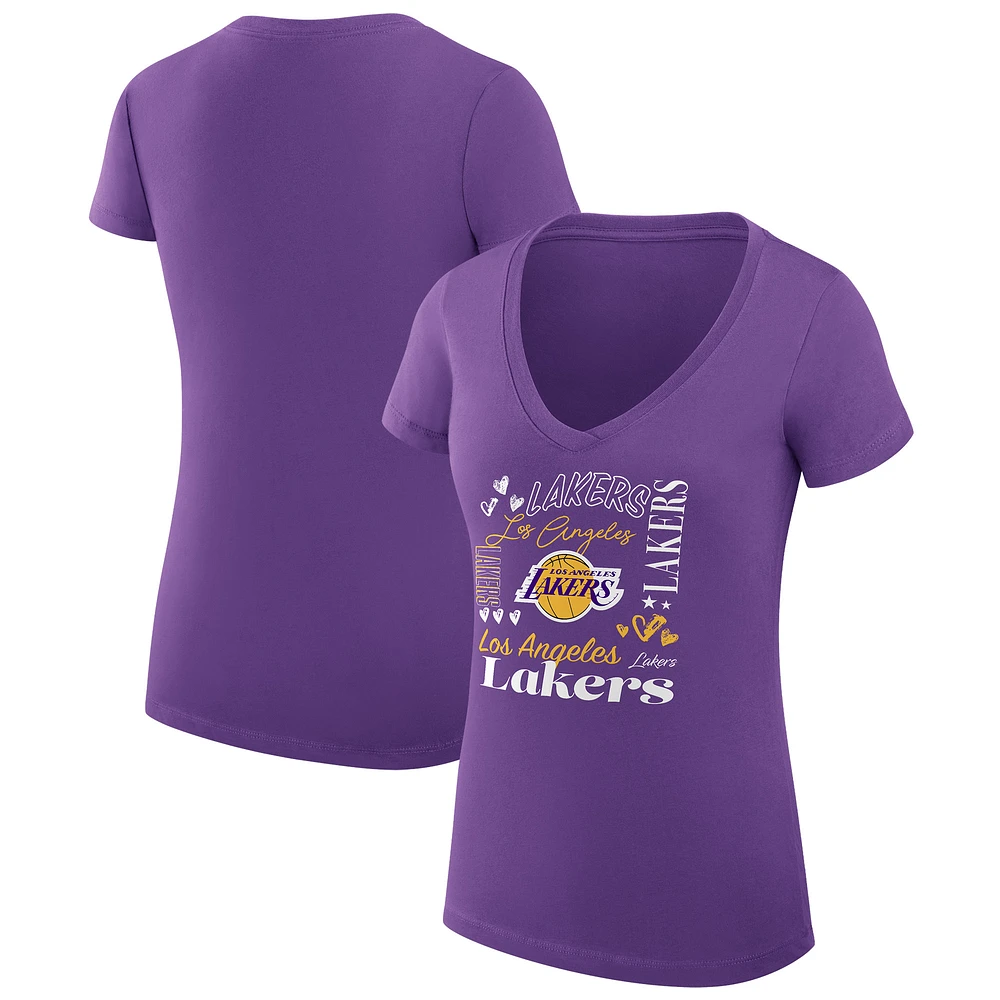 Women's G-III 4Her by Carl Banks Los Angeles Lakers Super-Slim Fit Lightweight Team Name Collage Graphic V-Neck T-Shirt
