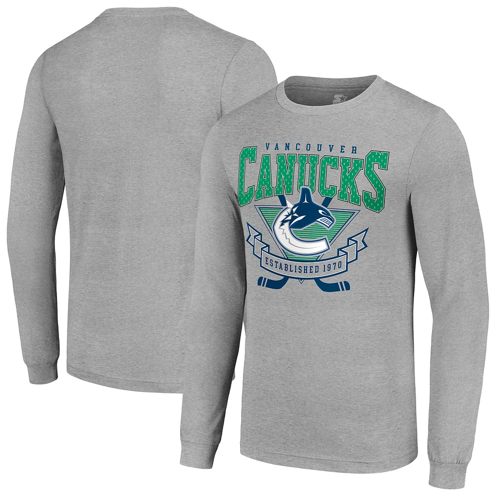 Men's Starter Heather Gray Vancouver Canucks '80s Inspired Team Logo Long Sleeve T-Shirt