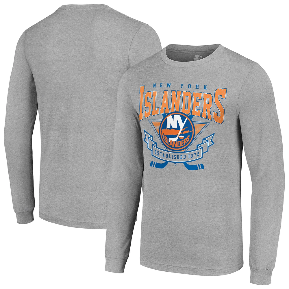 Men's Starter Heather Gray New York Islanders '80s Inspired Team Logo Long Sleeve T-Shirt