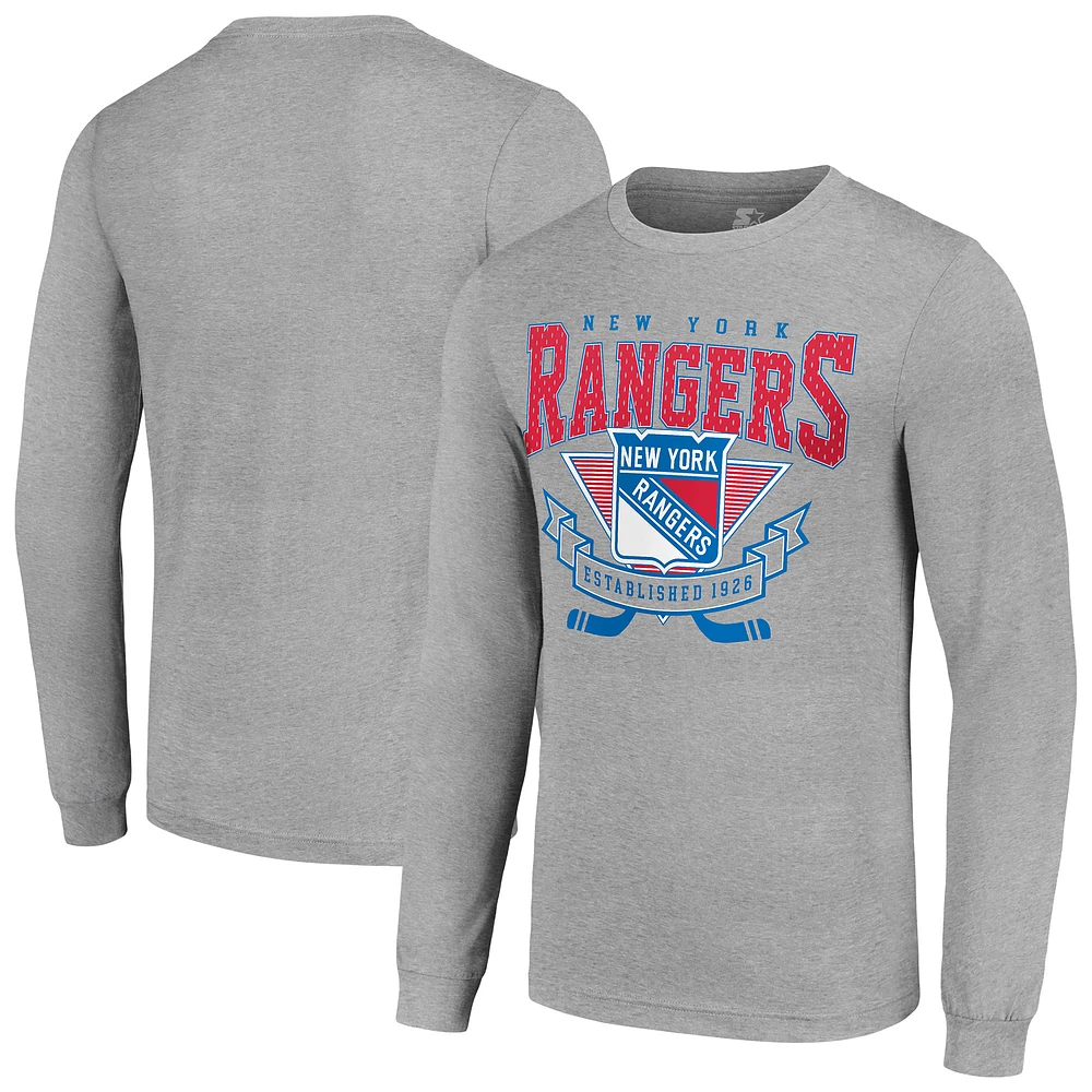 Men's Starter Heather Gray New York Rangers '80s Inspired Team Logo Long Sleeve T-Shirt