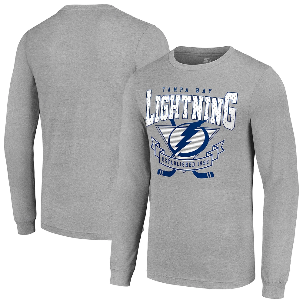 Men's Starter Heather Gray Tampa Bay Lightning '80s Inspired Team Logo Long Sleeve T-Shirt