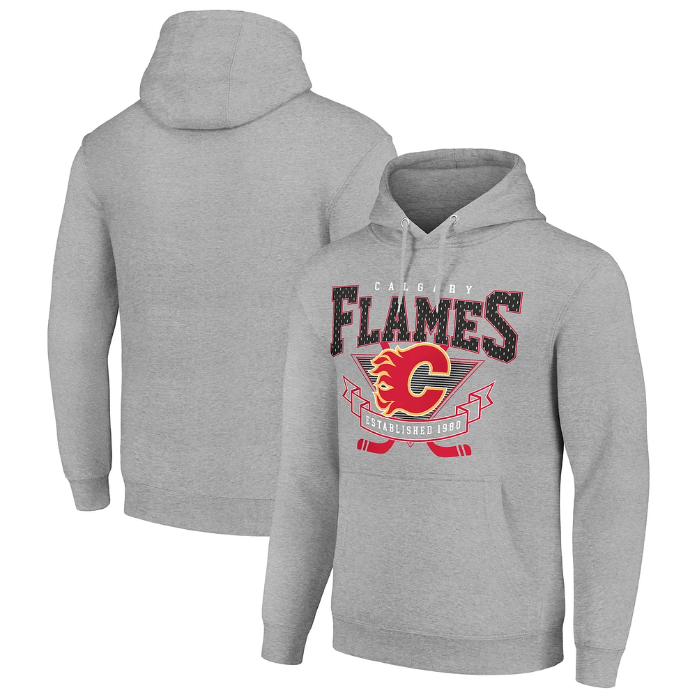 Men's Starter Heather Gray Calgary Flames Team Logo Graphic Fleece Tri-Blend Pullover Hoodie