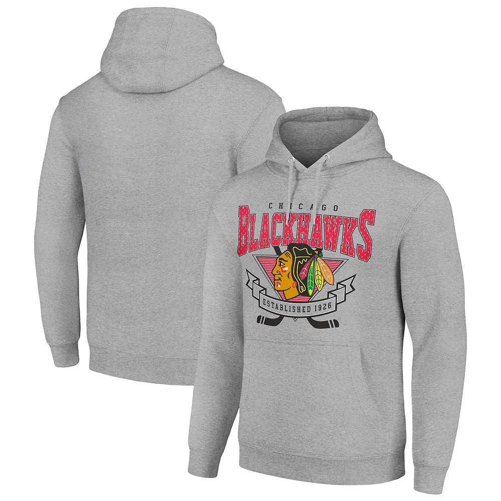 Men's Starter Heather Gray Chicago Blackhawks Team Logo Graphic Fleece Tri-Blend Pullover Hoodie