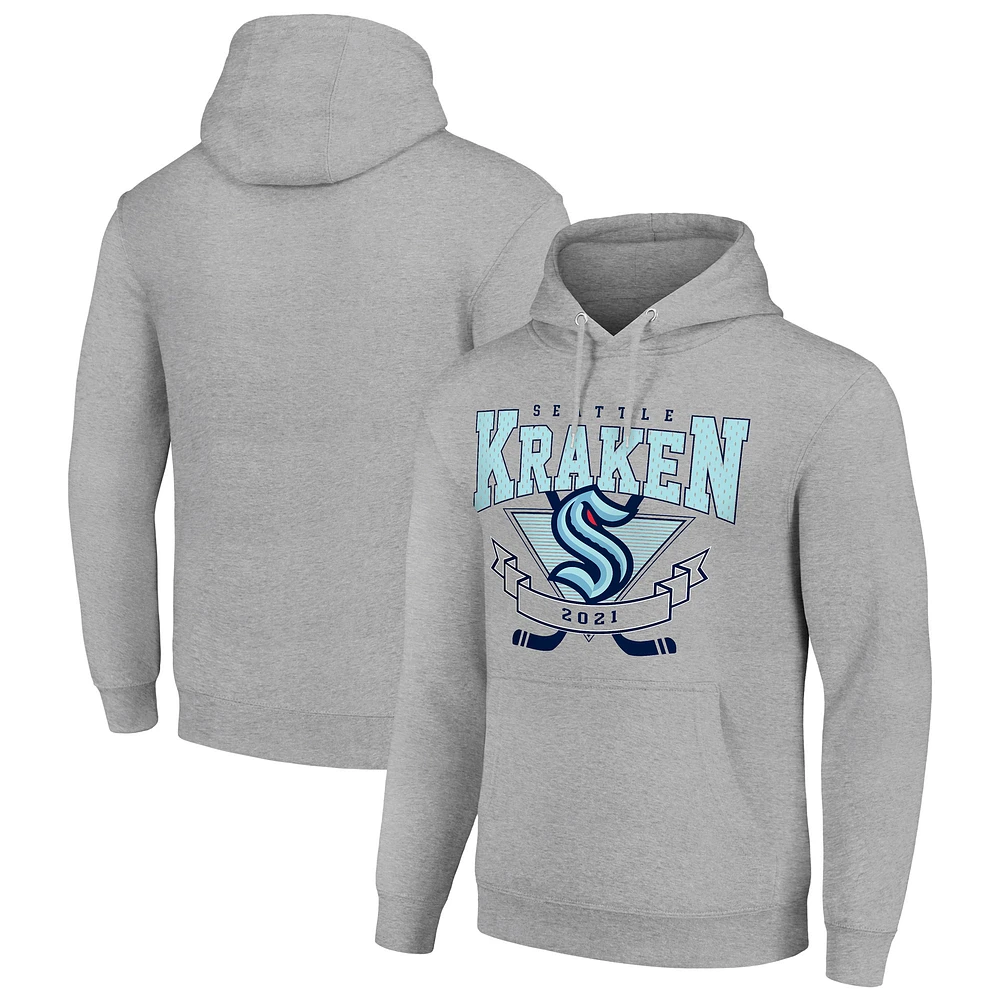 Men's Starter Heather Gray Seattle Kraken Team Logo Graphic Fleece Tri-Blend Pullover Hoodie