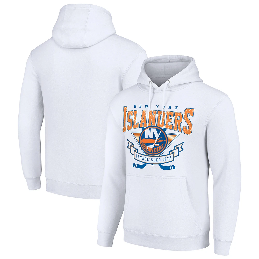 Men's Starter White New York Islanders Team Logo Graphic Fleece Tri-Blend Pullover Hoodie