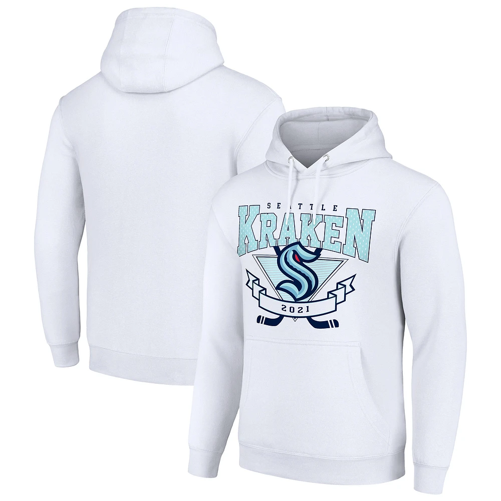 Men's Starter White Seattle Kraken Team Logo Graphic Fleece Tri-Blend Pullover Hoodie