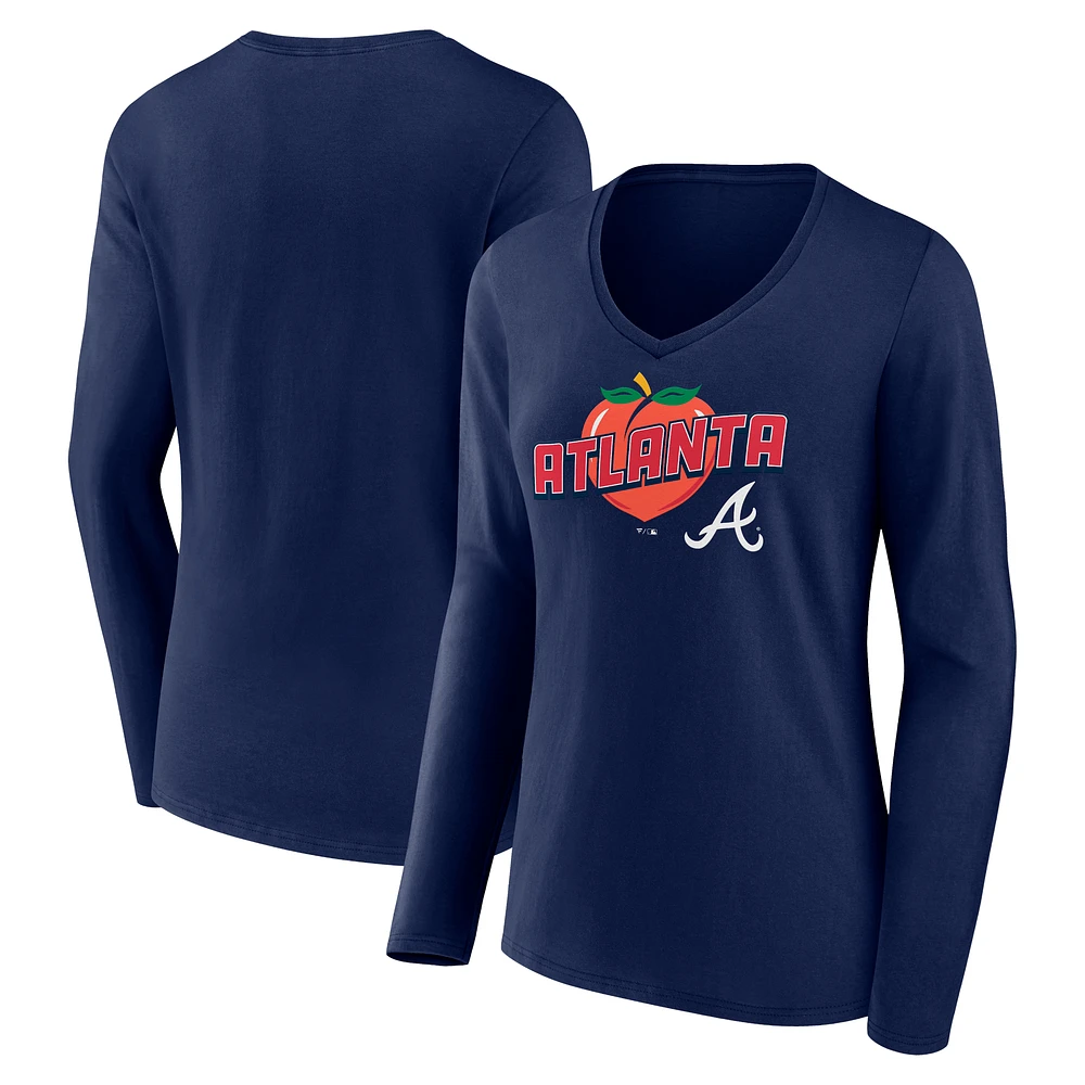 Women's Navy Atlanta Braves Peach V-Neck Long Sleeve T-Shirt