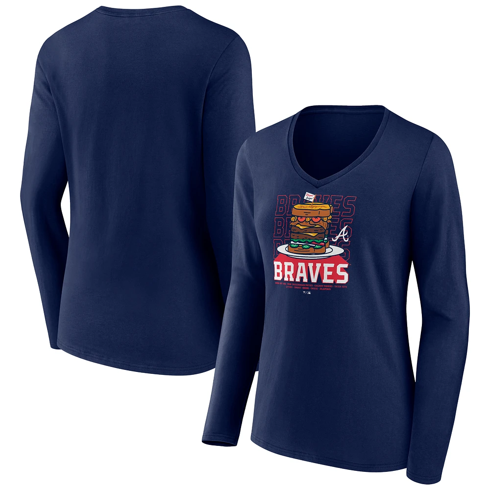 Women's Navy Atlanta Braves Blooper Burger V-Neck Long Sleeve T-Shirt