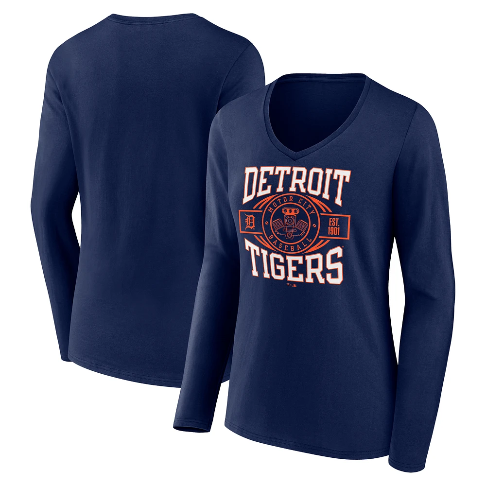 Women's Navy Detroit Tigers Motor City Baseball V-Neck Long Sleeve T-Shirt