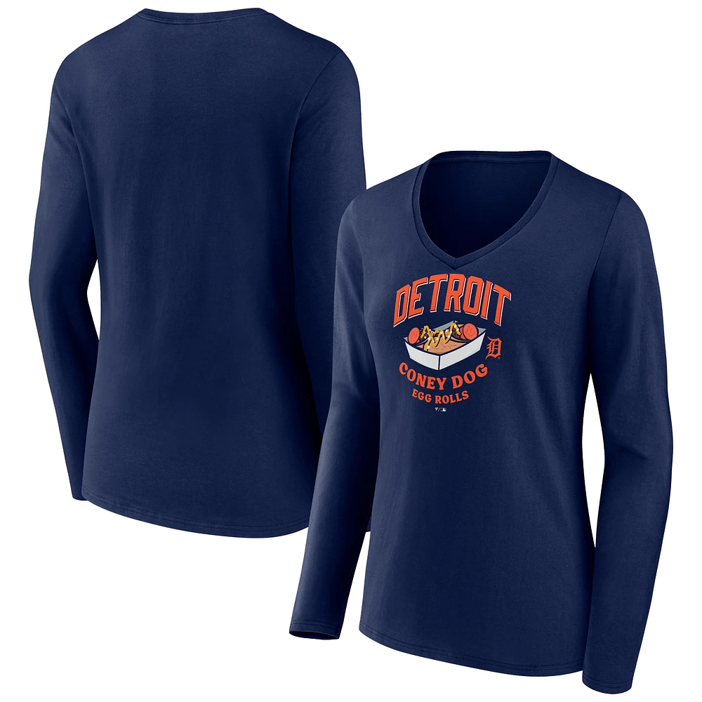 Women's Navy Detroit Tigers Coney Dog Egg Rolls V-Neck Long Sleeve T-Shirt