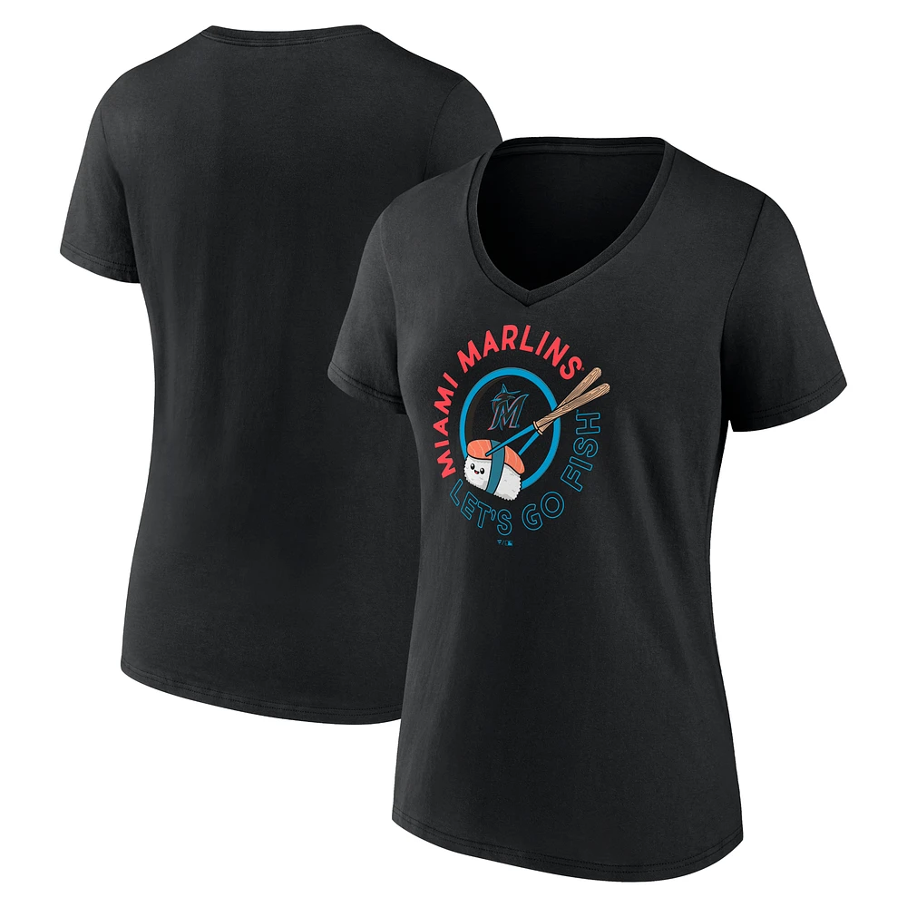 Women's Black Miami Marlins Let's Go Fish V-Neck T-Shirt