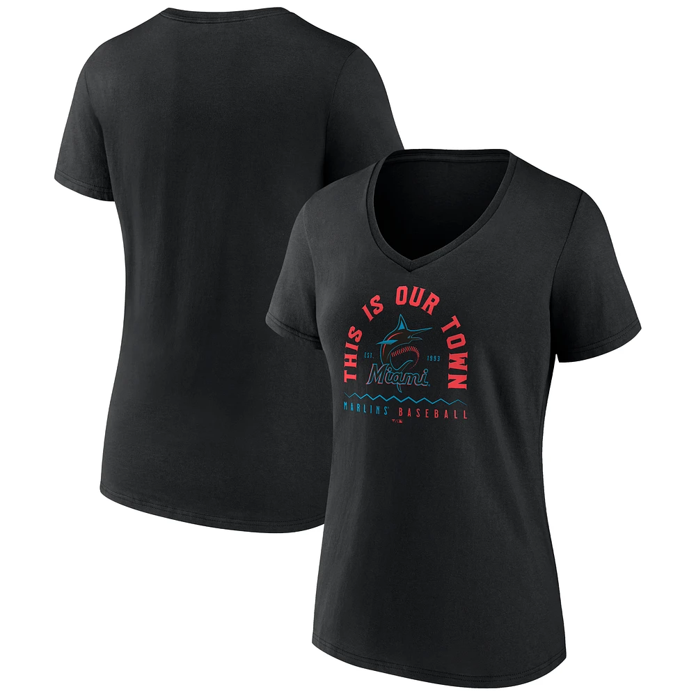 Women's Black Miami Marlins Our Town V-Neck T-Shirt