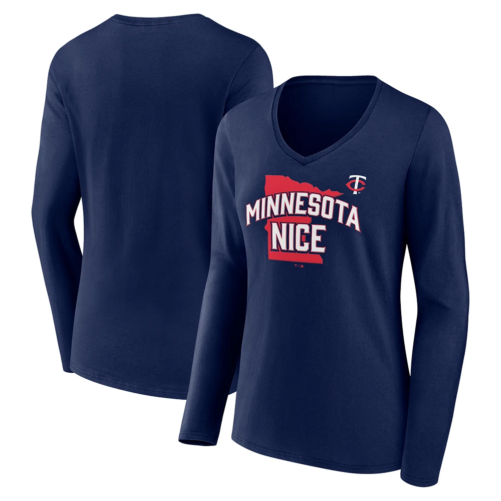 Women's Navy Minnesota Twins Nice V-Neck Long Sleeve T-Shirt