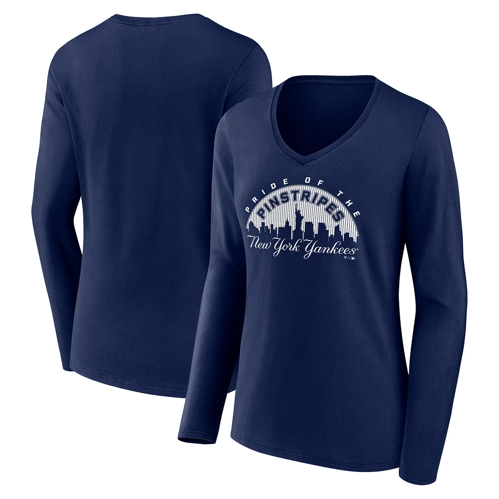 Women's Navy New York Yankees Pride of the Pinestripes V-Neck Long Sleeve T-Shirt