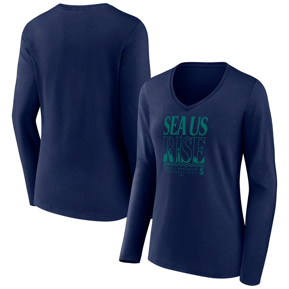 Women's Navy Seattle Mariners Sea Us Rise V-Neck Long Sleeve T-Shirt