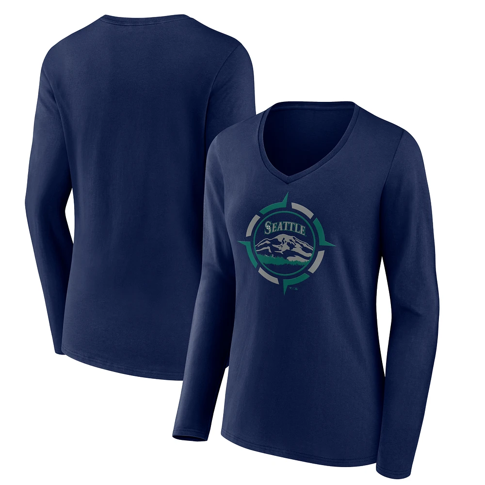 Women's Navy Seattle Mariners Compass V-Neck Long Sleeve T-Shirt