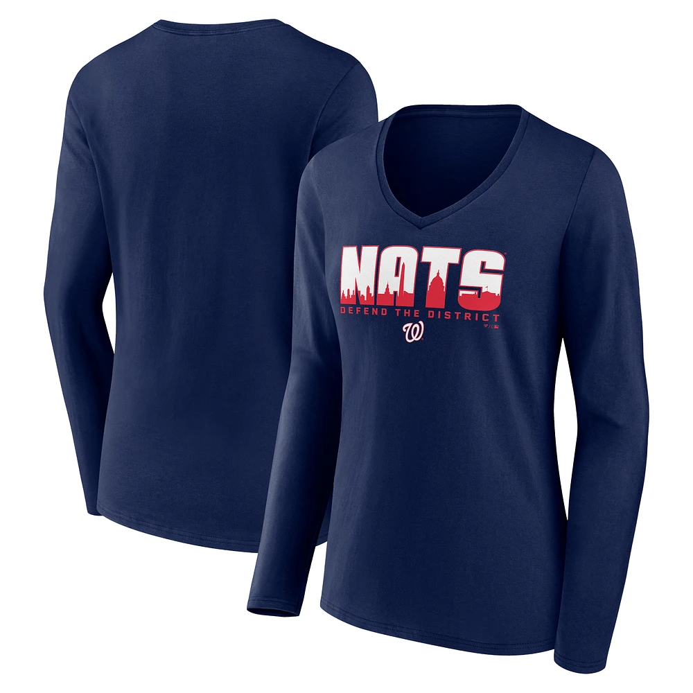 Women's Navy Washington Nationals Defend the District V-Neck Long Sleeve T-Shirt