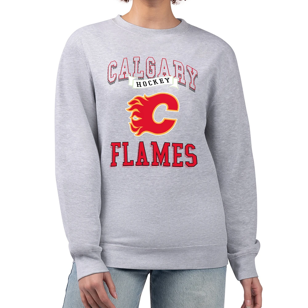 Women's G-III 4Her by Carl Banks Heather Gray Calgary Flames Team Logo Tri-Blend Fleece Pullover Sweatshirt