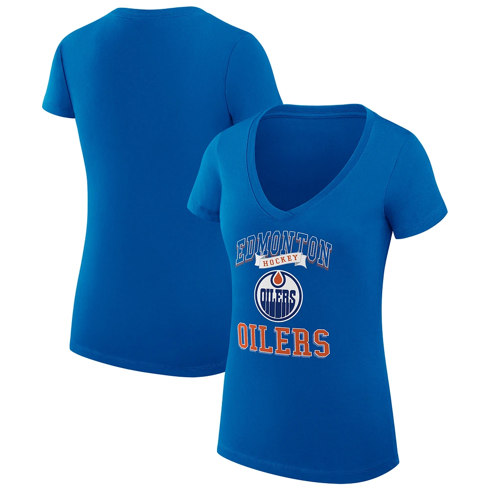 Women's G-III 4Her by Carl Banks Royal Edmonton Oilers Super-Slim Fit Lightweight Team Logo Graphic V-Neck T-Shirt