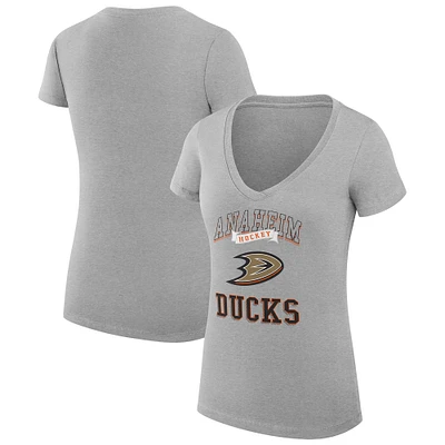 Women's G-III 4Her by Carl Banks Heather Gray Anaheim Ducks Super-Slim Fit Lightweight Team Logo Graphic V-Neck T-Shirt