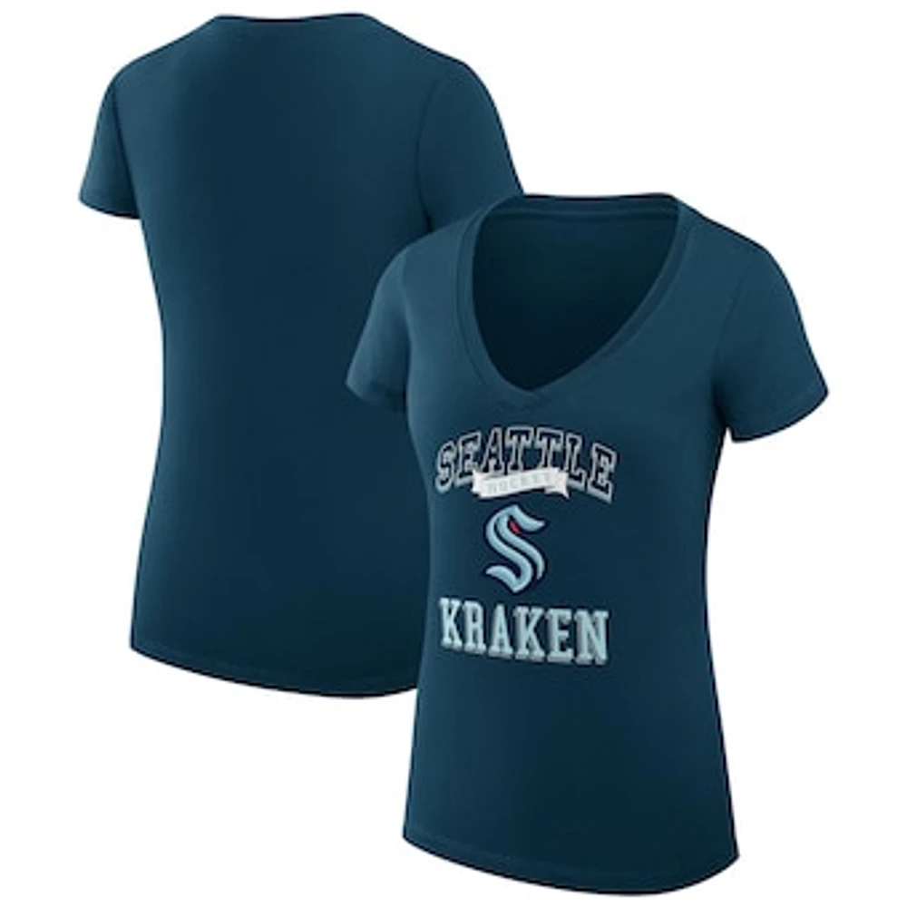 Women's G-III 4Her by Carl Banks Navy Seattle Kraken Super-Slim Fit Lightweight Team Logo Graphic V-Neck T-Shirt