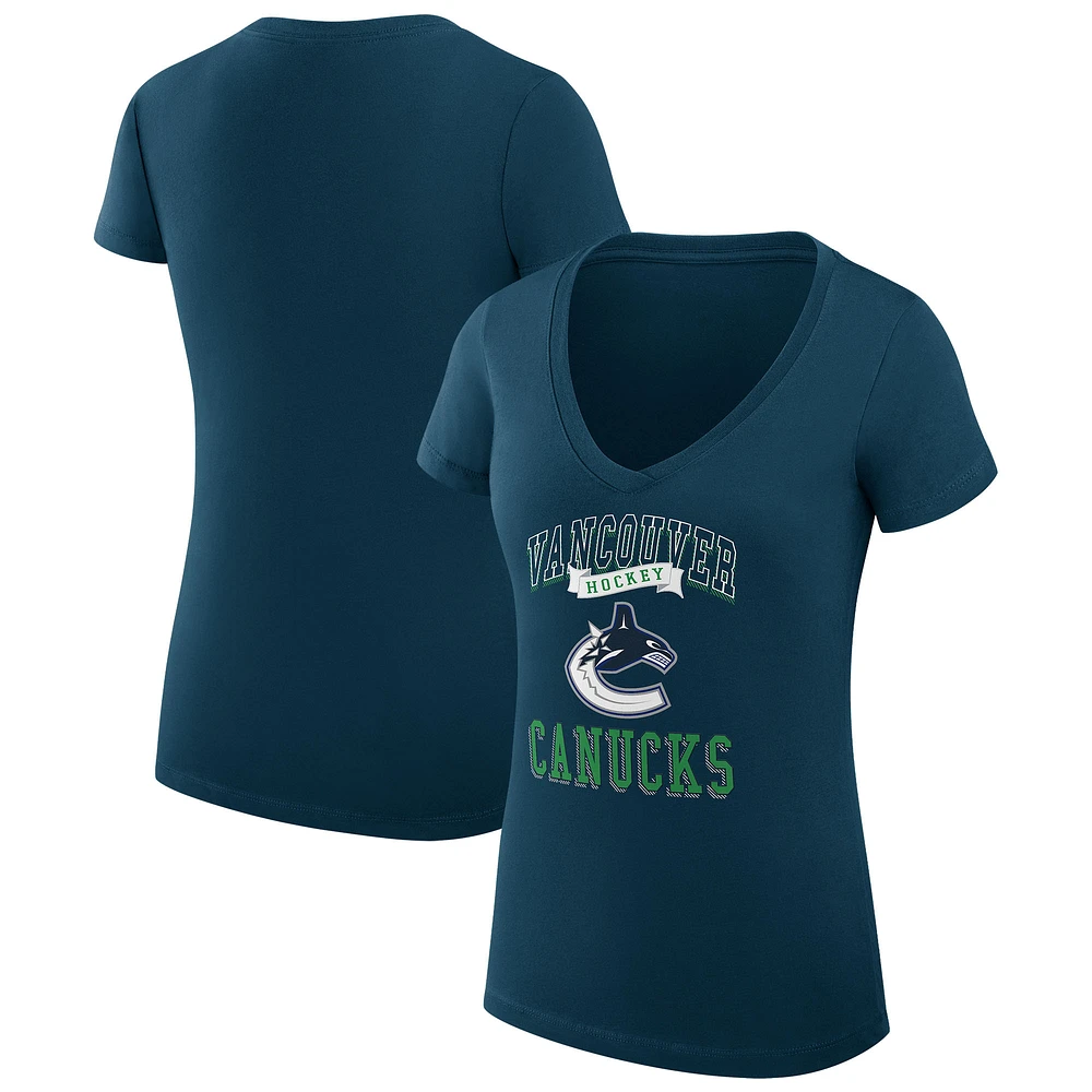 Women's G-III 4Her by Carl Banks Navy Vancouver Canucks Super-Slim Fit Lightweight Team Logo Graphic V-Neck T-Shirt