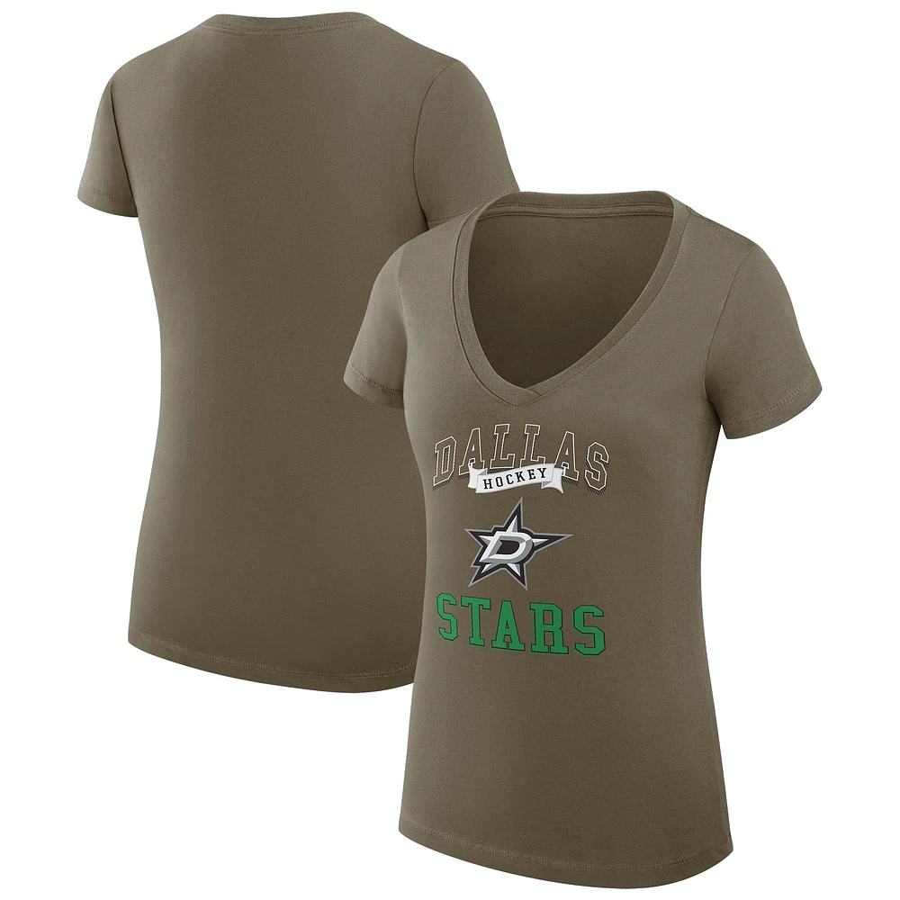 Women's G-III 4Her by Carl Banks Olive Dallas Stars Super-Slim Fit Lightweight Team Logo Graphic V-Neck T-Shirt