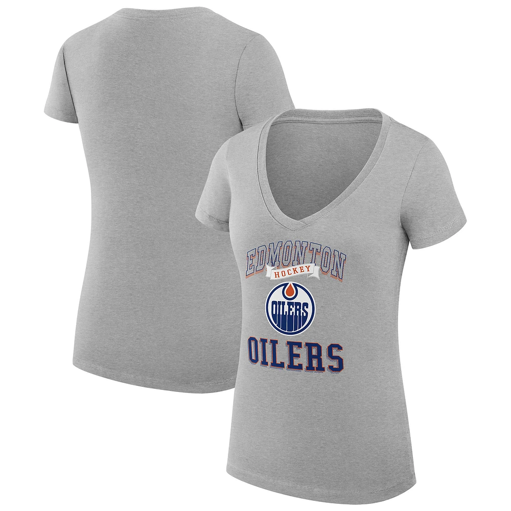 Women's G-III 4Her by Carl Banks Heather Gray Edmonton Oilers Super-Slim Fit Lightweight Team Logo Graphic V-Neck T-Shirt