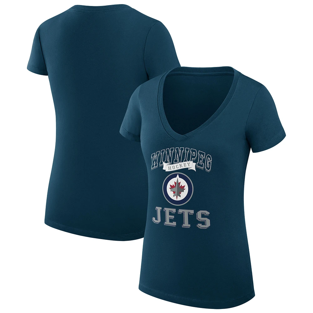 Women's G-III 4Her by Carl Banks Navy Winnipeg Jets Super-Slim Fit Lightweight Team Logo Graphic V-Neck T-Shirt