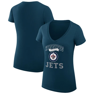 Women's G-III 4Her by Carl Banks Navy Winnipeg Jets Super-Slim Fit Lightweight Team Logo Graphic V-Neck T-Shirt