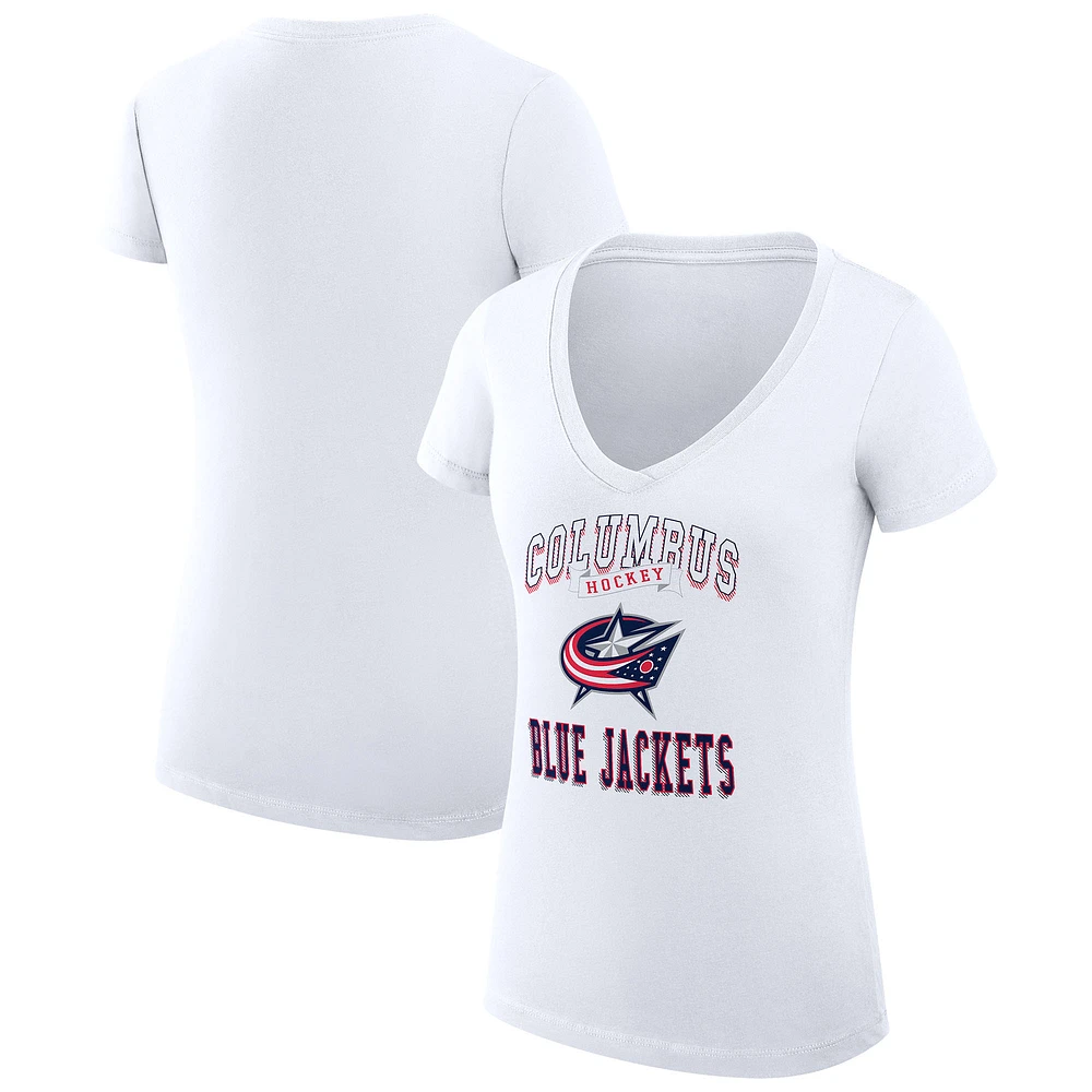 Women's G-III 4Her by Carl Banks White Columbus Blue Jackets Super-Slim Fit Lightweight Team Logo Graphic V-Neck T-Shirt