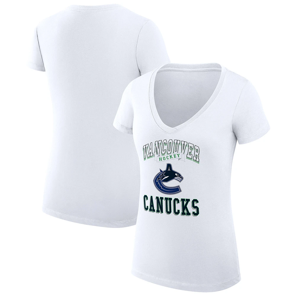 Women's G-III 4Her by Carl Banks White Vancouver Canucks Super-Slim Fit Lightweight Team Logo Graphic V-Neck T-Shirt