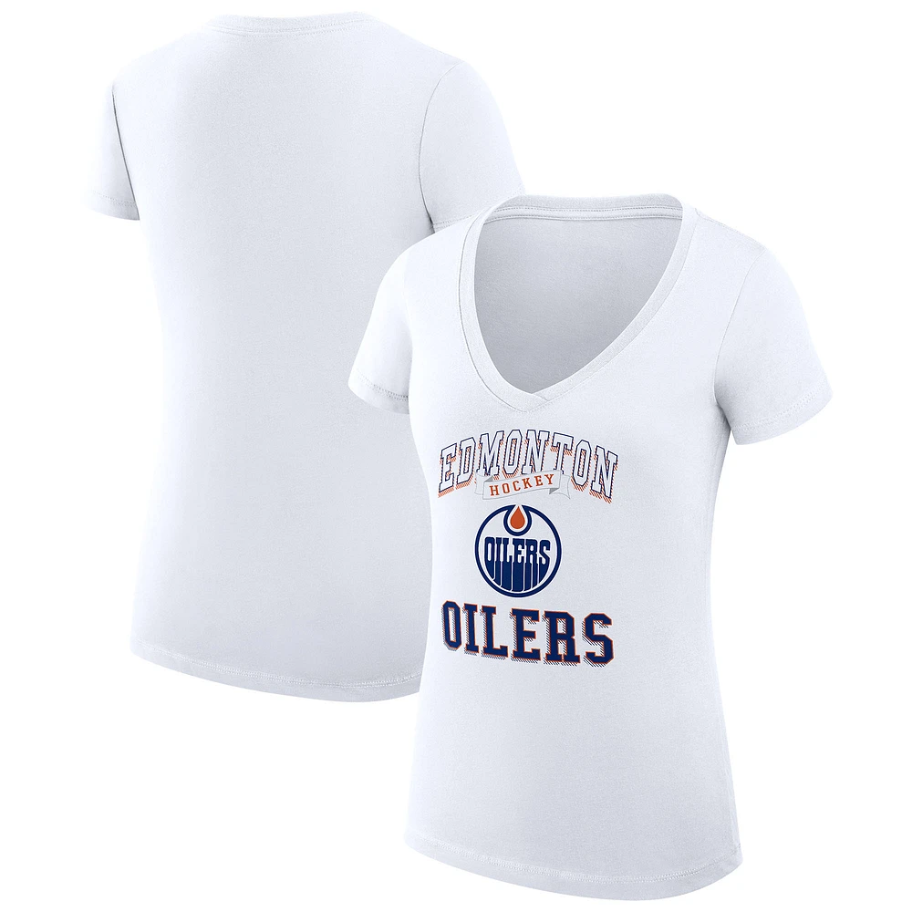 Women's G-III 4Her by Carl Banks White Edmonton Oilers Super-Slim Fit Lightweight Team Logo Graphic V-Neck T-Shirt