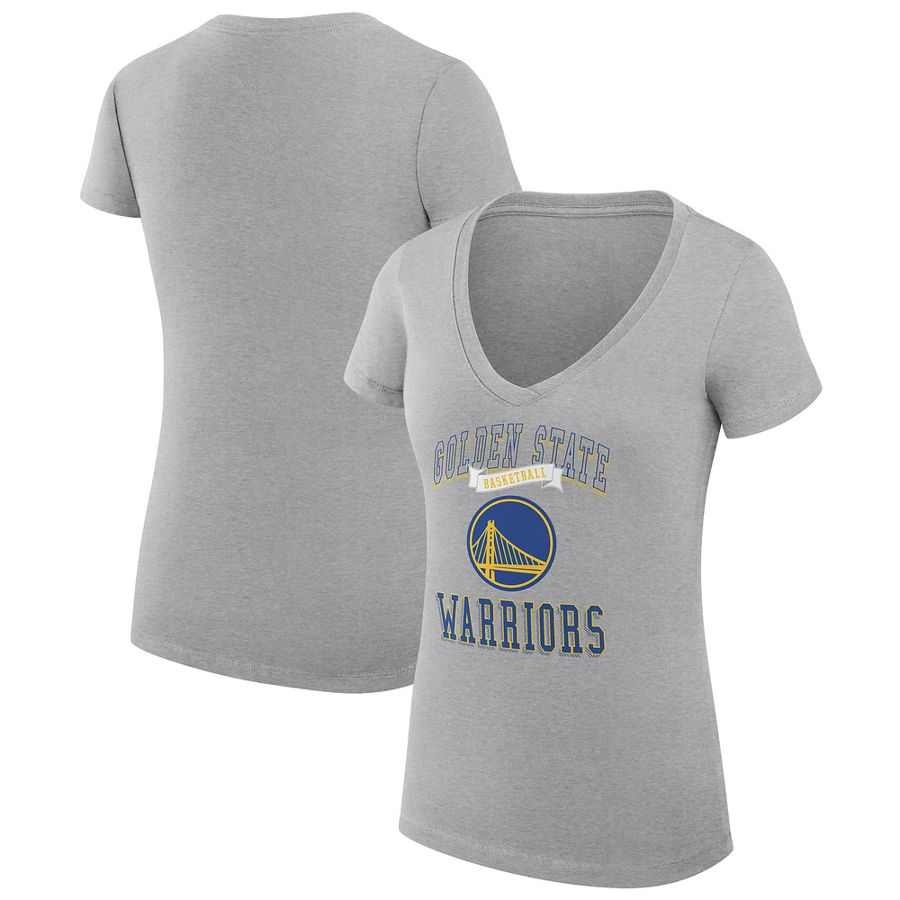 Women's G-III 4Her by Carl Banks Heather Gray Golden State Warriors Super-Slim Fit Lightweight Team Logo V-Neck T-Shirt