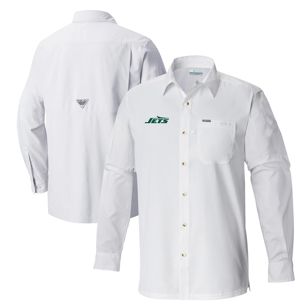 Men's Columbia White New York Jets Slack Tide Omni-Wick Button-Up Long Sleeve Shirt