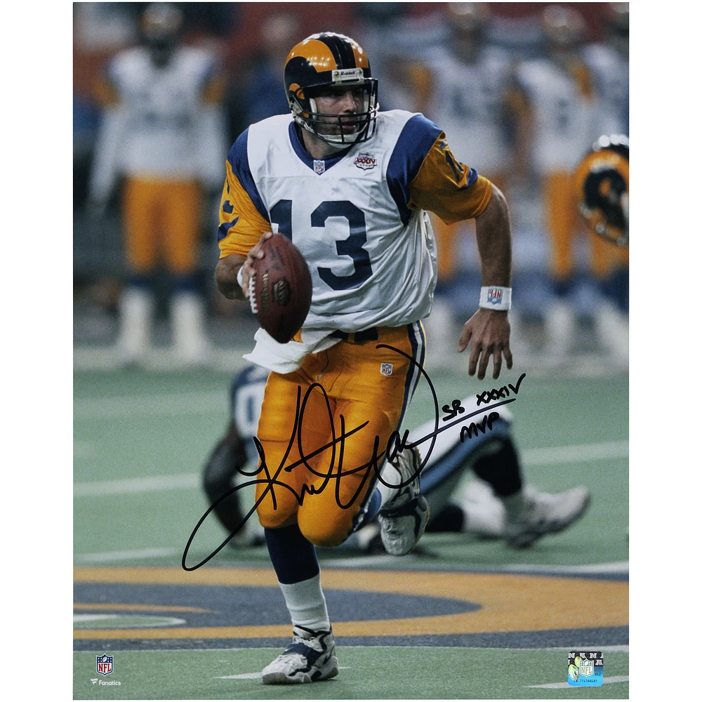 Kurt Warner St. Louis Rams Autographed 16" x 20" Super Bowl Photograph with "SB XXXIV MVP" Inscription