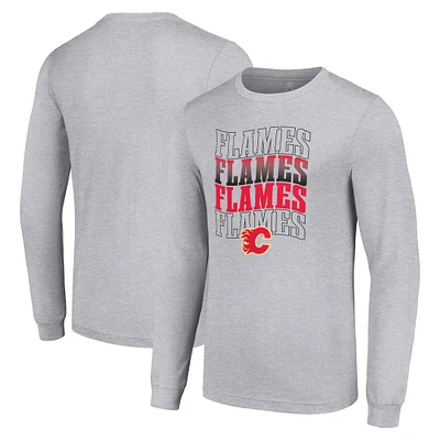 Men's Starter Heather Gray Calgary Flames Four Team Name Logo Long Sleeve Graphic T-Shirt