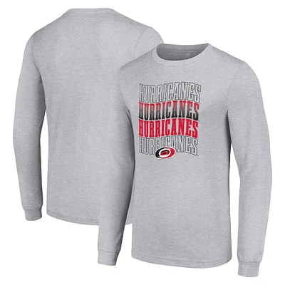 Men's Starter Heather Gray Carolina Hurricanes Four Team Name Logo Long Sleeve Graphic T-Shirt